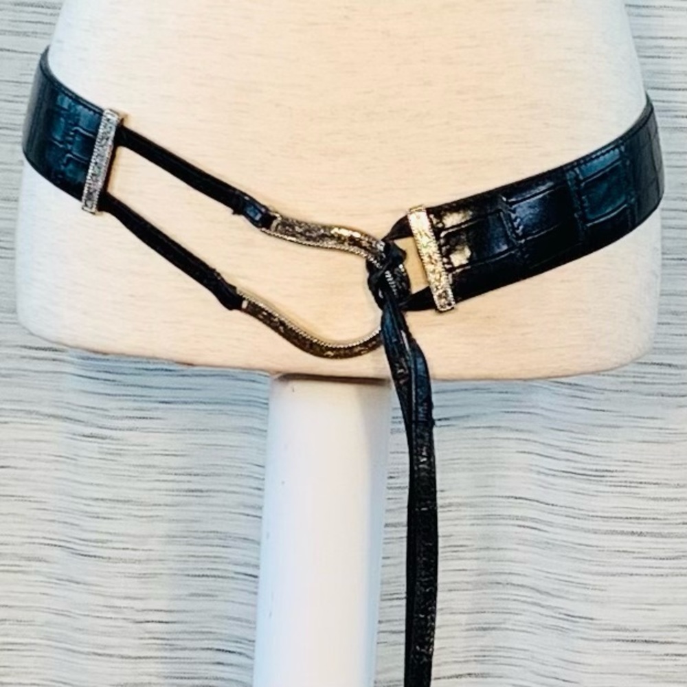Black Croc-Embossed Belt with Silver Buckle